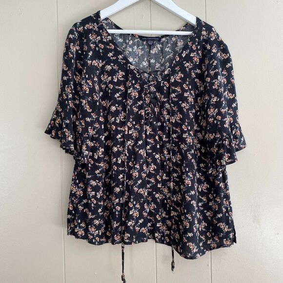 American Eagle Floral Lace-Up Peasant Blouse | Boho Top Size S - Picture 1 of 5